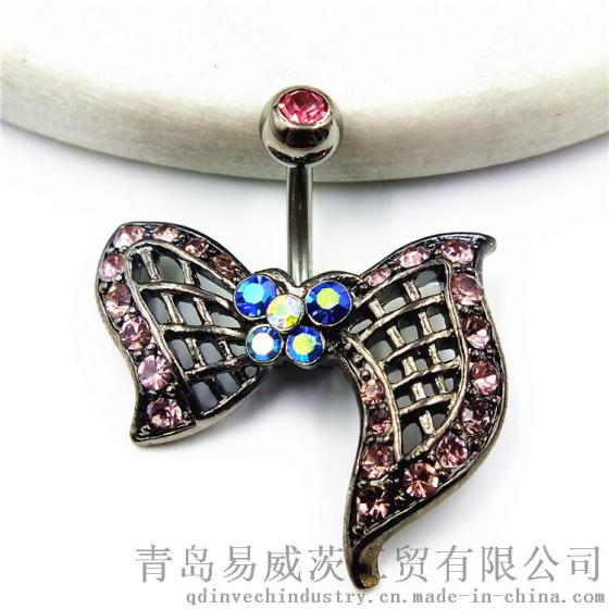 欧美粉色带钻蝴蝶肚脐环 1.6MM人体穿刺饰品