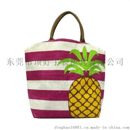 欧美时尚条纹女包 亚麻布女士手提袋 环保黄麻休闲挎包