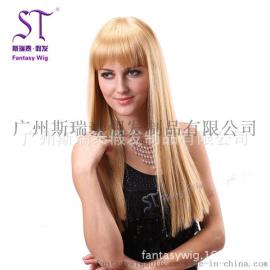 广州斯瑞泰假发工厂批发 女士金色齐刘海长直发假发 欧美时尚修脸