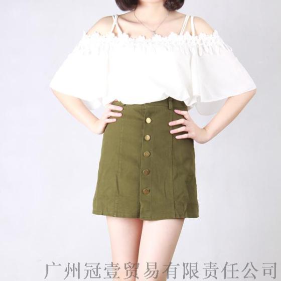 韩版短裙单排扣开裙 休闲百搭A字裙半身裙【外贸女装现货批发】