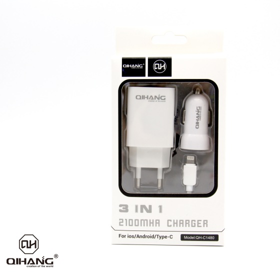 QIHANG/旗航C1480带线旅行充电器套装车载充电器苹果Micro USB Type-C通用1米