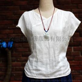 中式亚麻提花小V领长后摆修身衬衫上衣茶服禅服汉服